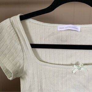 GAZE cotton Pale Mint Ribbed square Neck crop Top with Bow